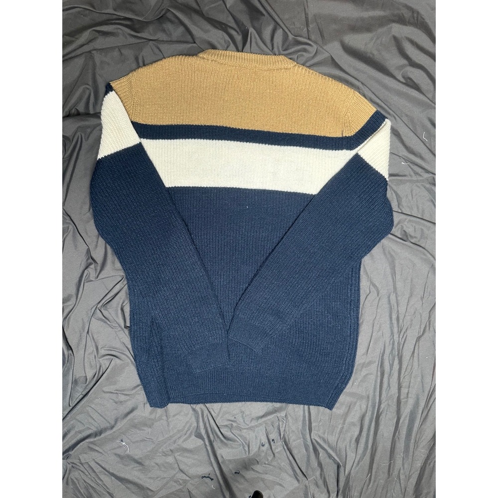 Guess Los Angeles Mens Colorblock Logo Knit Sweater Navy Blue Cream Tan Large - Picture 2 of 4